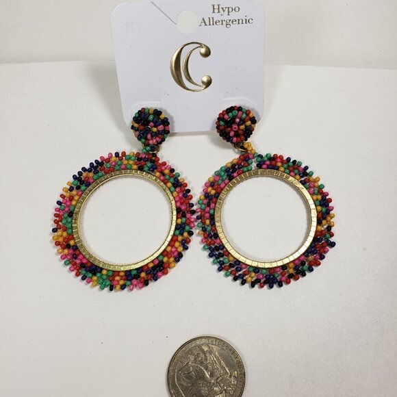 Stunning Hypoallergenic Gold-Tone Beaded Hoop Drop Earrings – Colorful Statement - Picture 7 of 8
